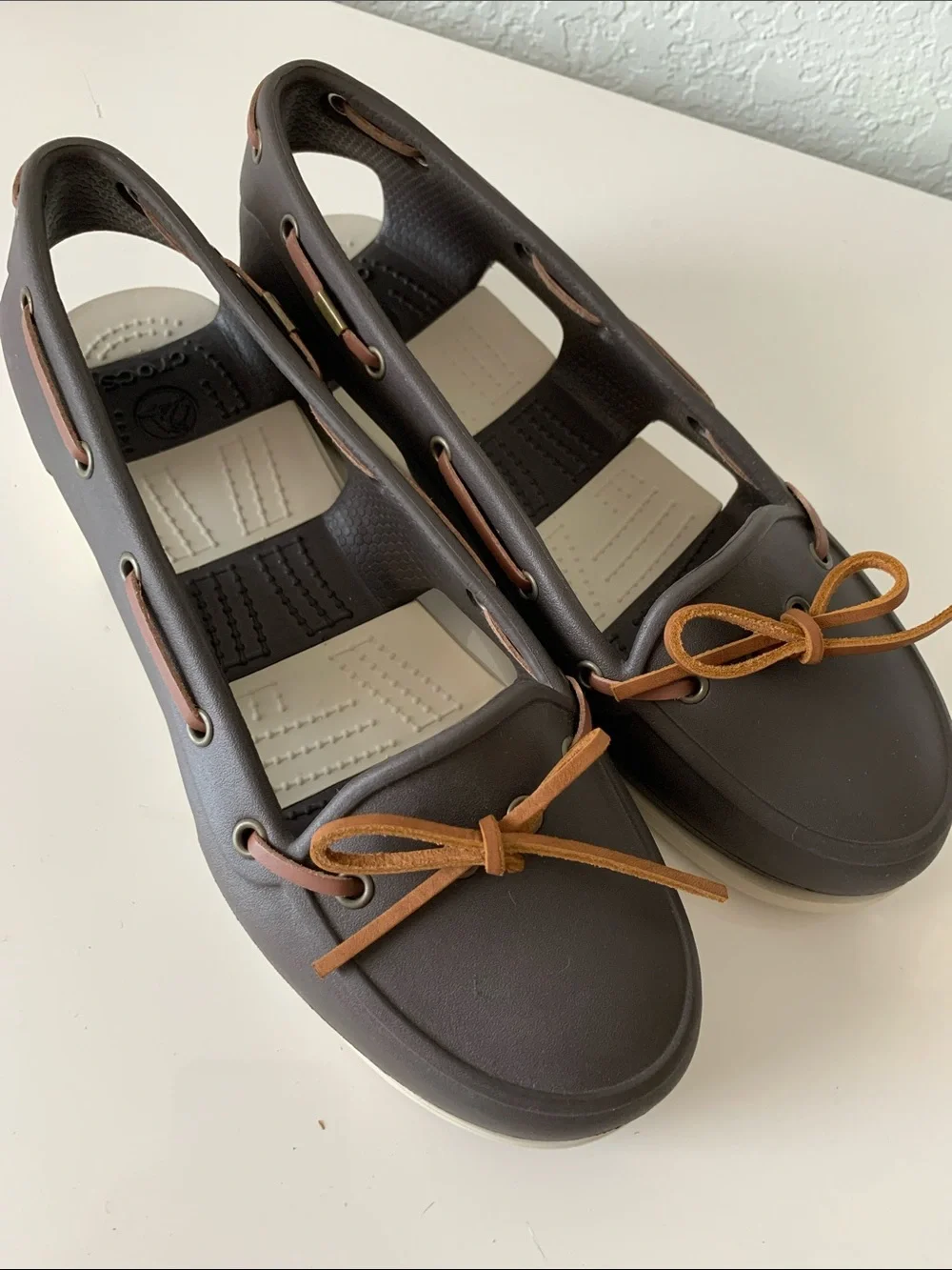 Crocs Women’s Brown Boat Slip On Sandal with Tan Laces Size 9